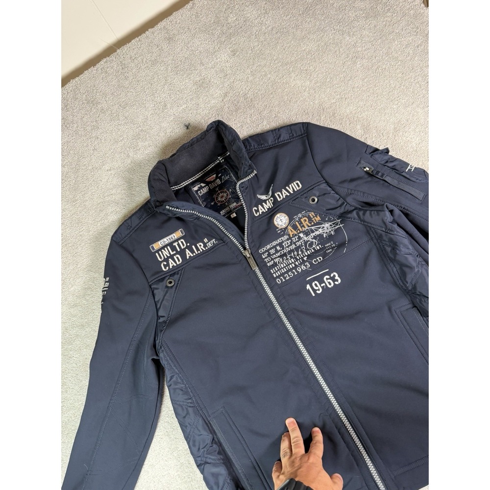 Camp David Blue Men's L Aviation Military Jacket Embroidered 1963 Flight Hooded